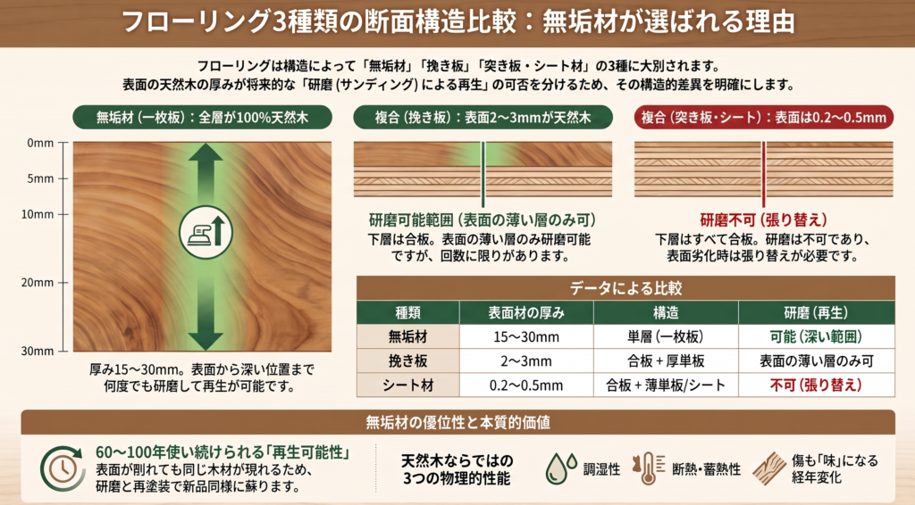 無垢材フローリングの真実|後悔しない選び方と樹種別ガイド