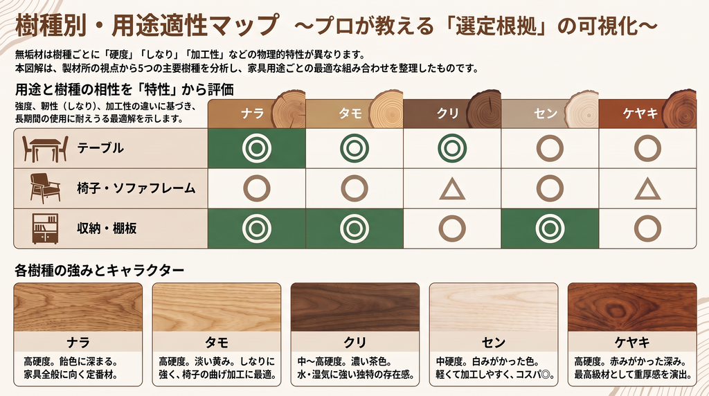 無垢材家具の選び方|失敗しない樹種・乾燥管理・提案の全知識