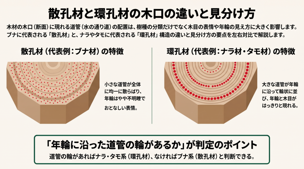 散孔材のブナと環孔材のナラ・タモの木口の違いを、断面のイラストで比べた図