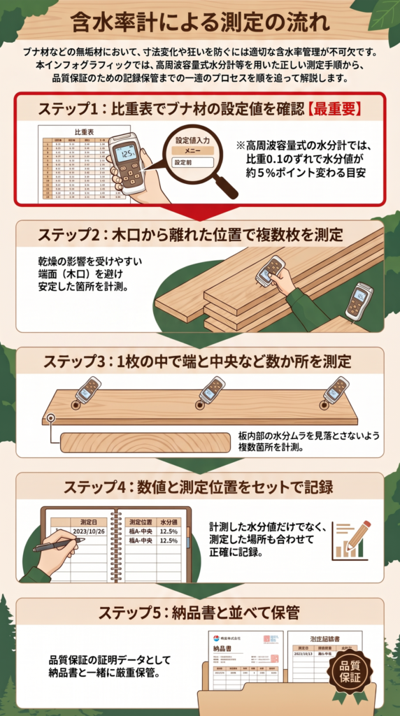 含水率計でブナ材を測るときの5つの手順を、イラストで順に示した図