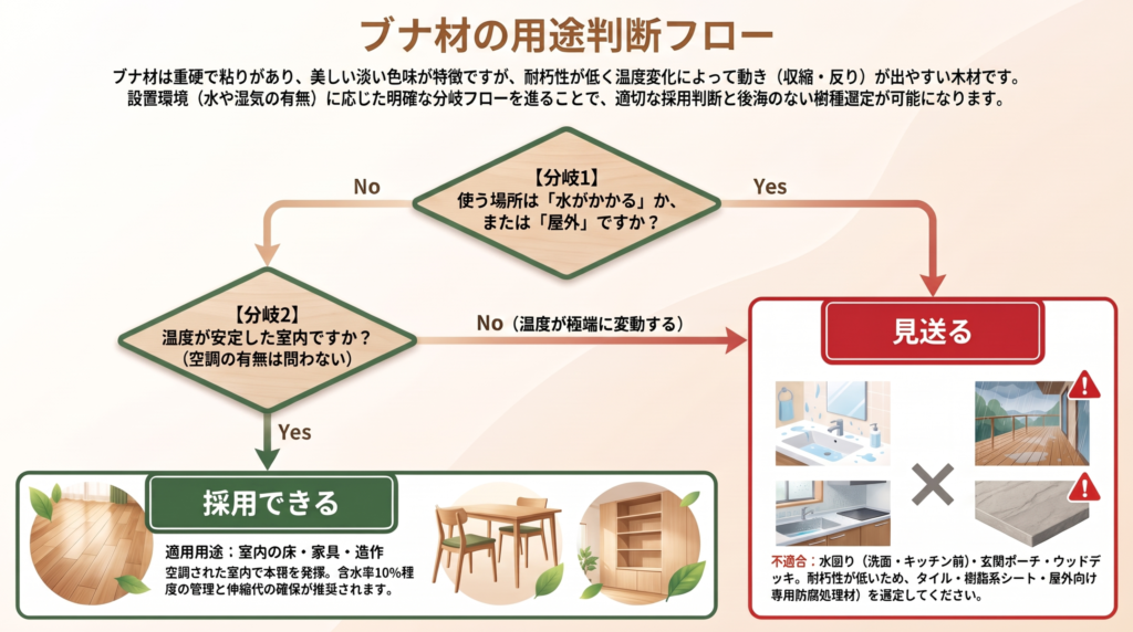 ブナ材の用途判断フロー。水がかかる場所や屋外は見送り、空調した室内の床や家具なら採用できる流れを示した図