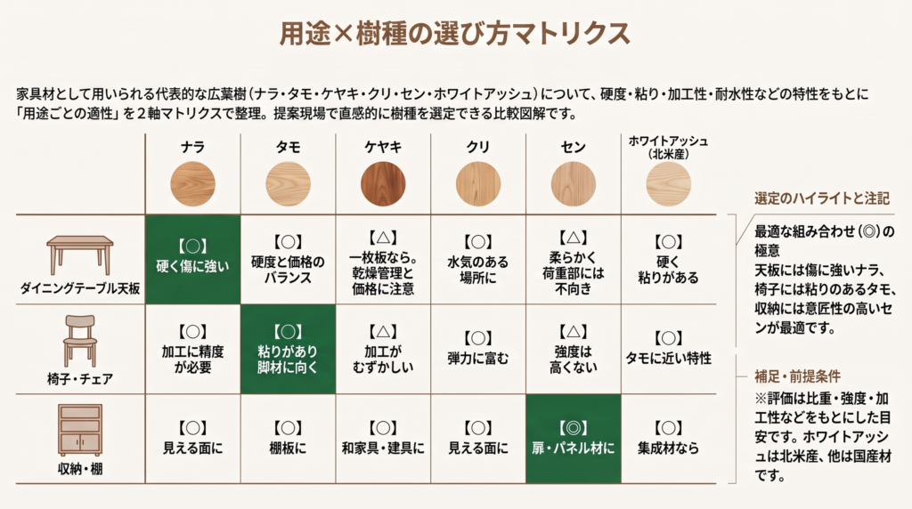 ダイニングテーブルの天板・椅子・収納での適性を、樹種ごとに記号で示した用途別マトリクス