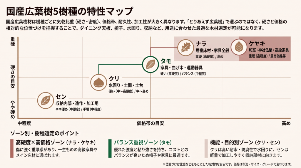 価格帯と硬さを軸に、ナラ・ケヤキ・タモ・クリ・センの5樹種の位置づけを示した特性マップ
