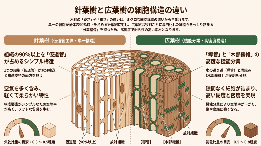 針葉樹と広葉樹の細胞構造の違いを、仮道管と導管・木部繊維で比べた断面イメージの解説図