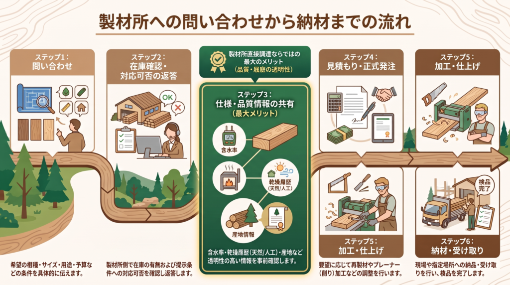 製材所への問い合わせから見積もり、加工、納材までの流れを6ステップで示した図