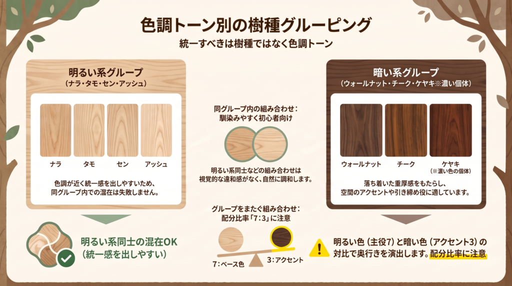 樹種を明るい系と暗い系に分けた色調グループと、7対3の配分比率を示した解説図